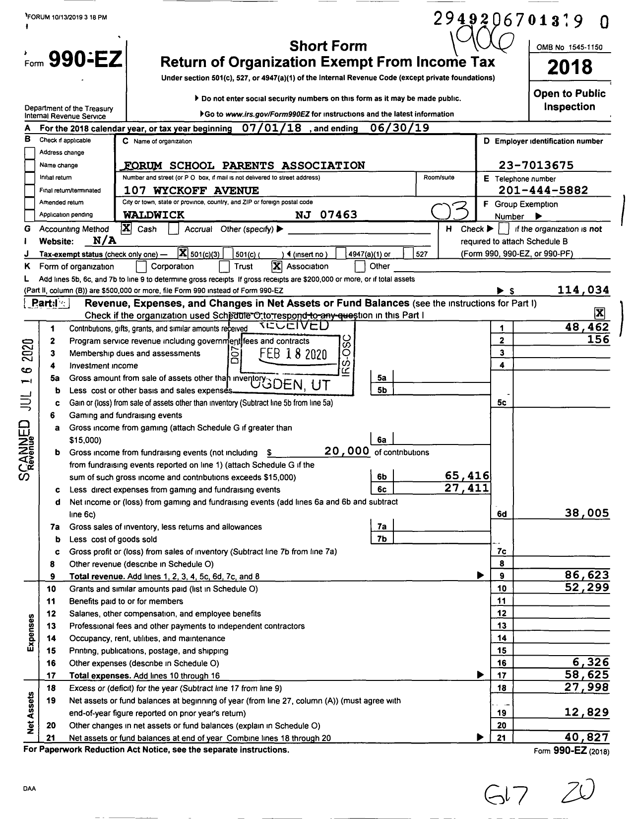 Image of first page of 2018 Form 990EZ for Forum School Parents Association