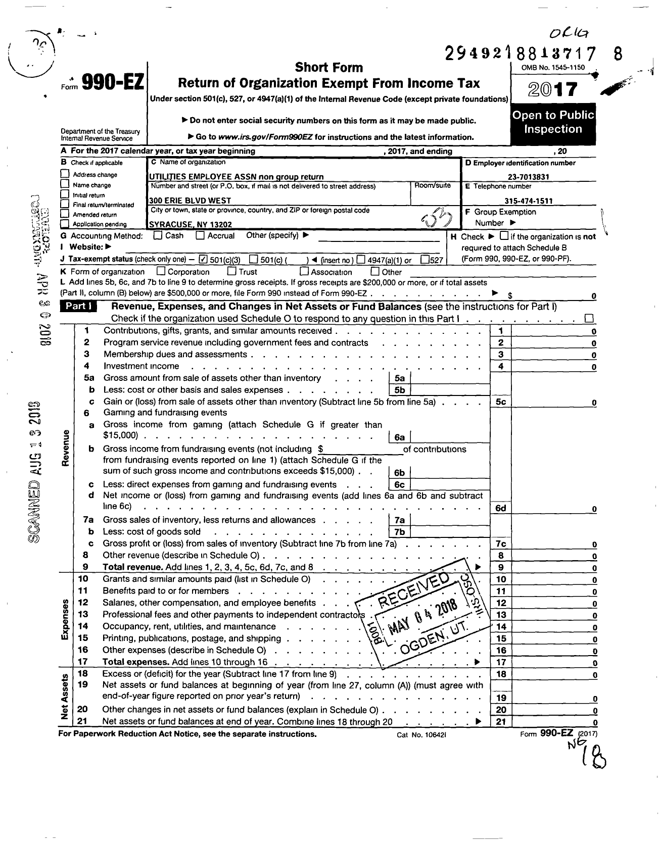 Image of first page of 2017 Form 990EZ for Niagara Mohawk Utility Employees Association of Syracuse