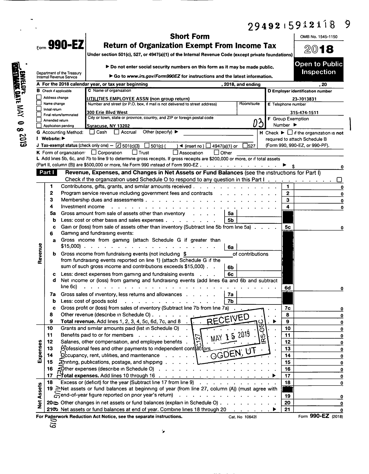 Image of first page of 2018 Form 990EZ for Niagara Mohawk Utility Employees Association of Syracuse