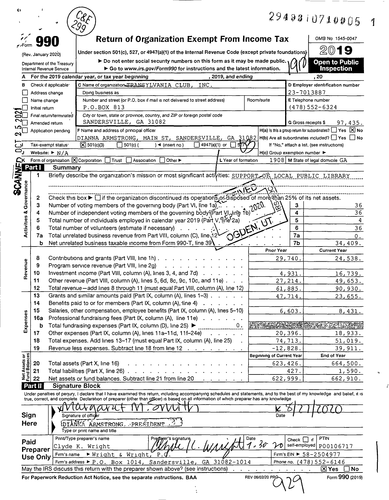 Image of first page of 2019 Form 990 for Transylvania Club