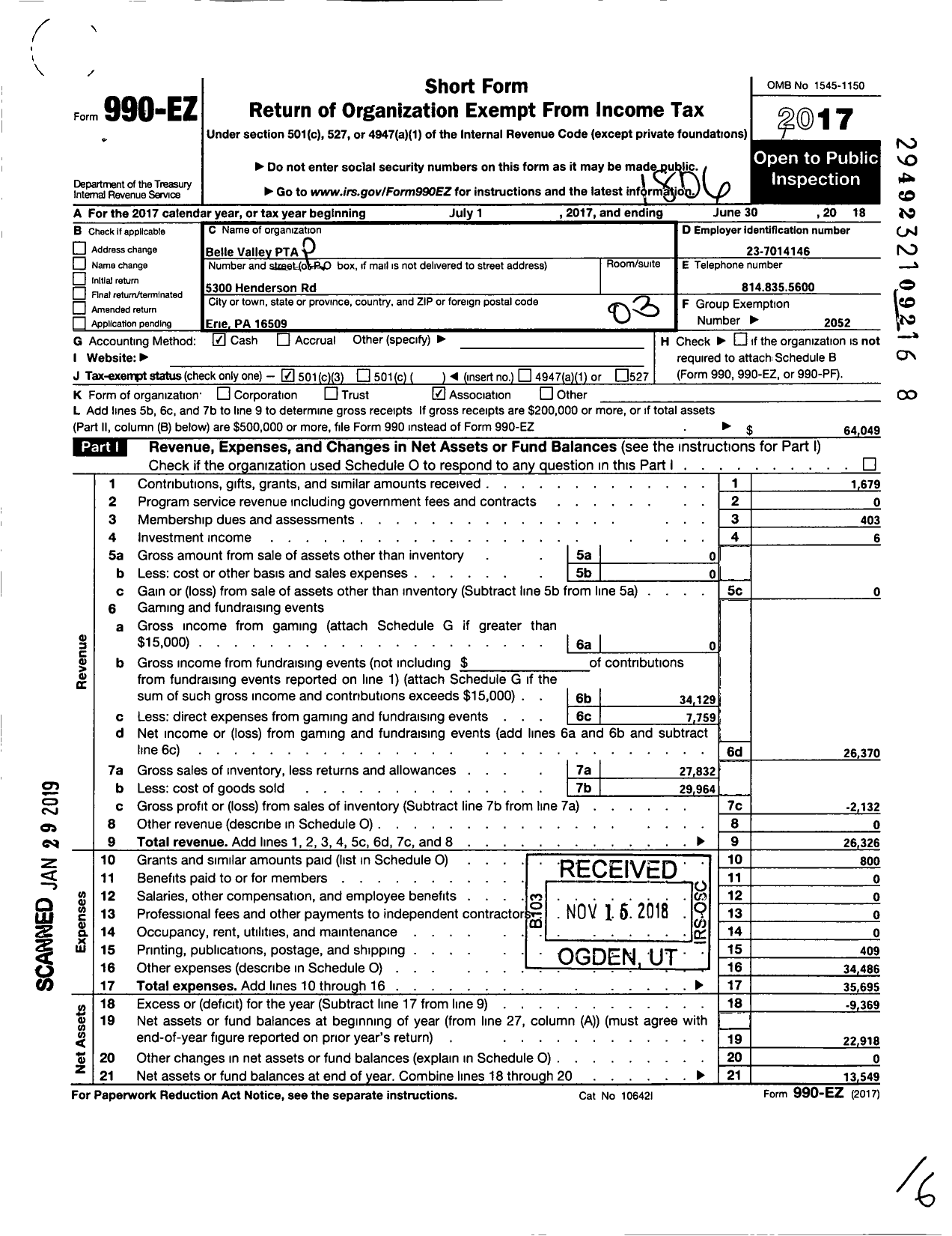 Image of first page of 2017 Form 990EZ for Belle Valley PTA