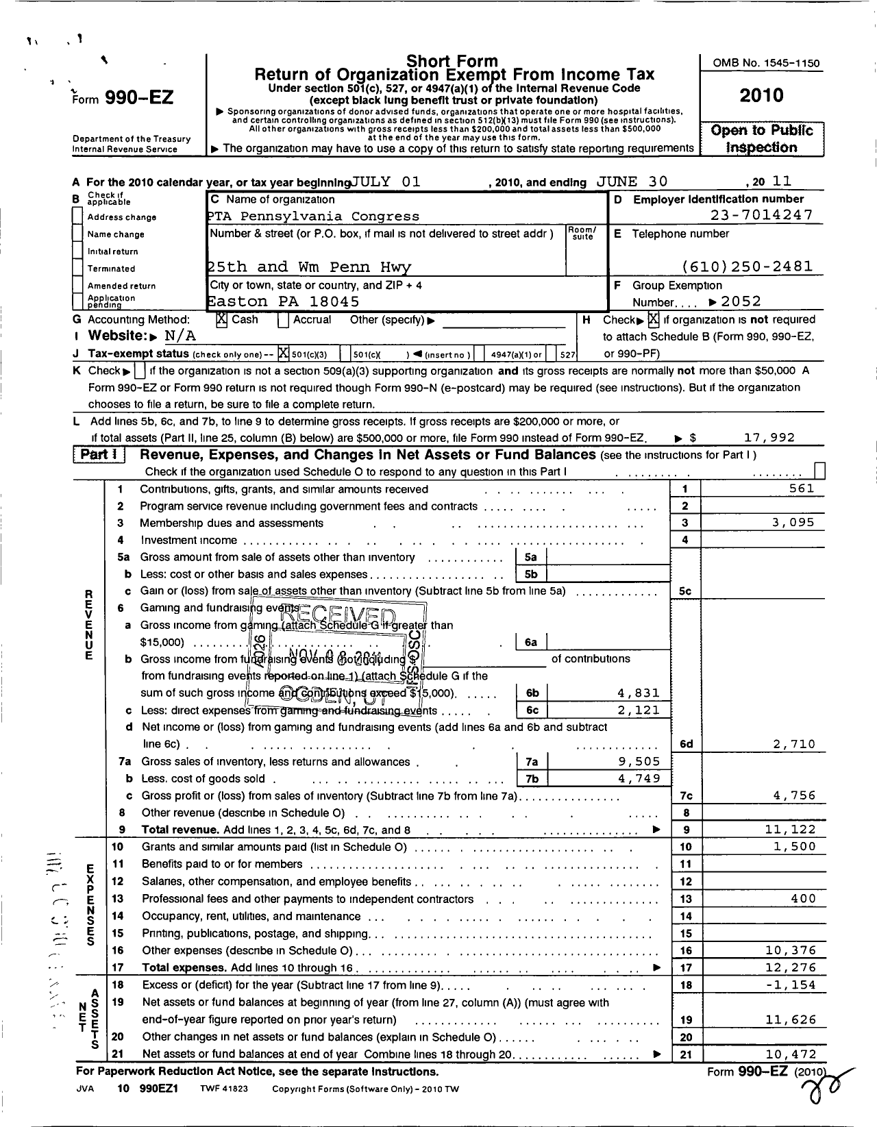 Image of first page of 2010 Form 990EZ for PTA Pennsylvania Congress / Easton Area High School Ptsa