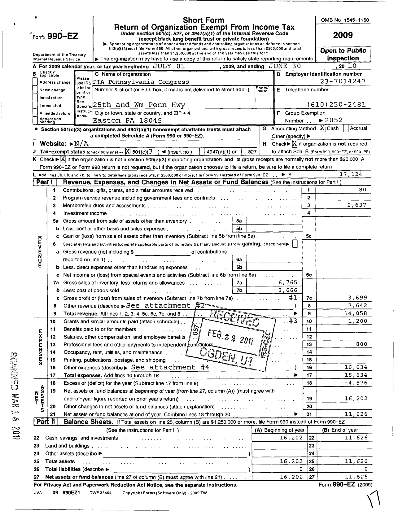 Image of first page of 2009 Form 990EZ for PTA Pennsylvania Congress / Easton Area High School Ptsa