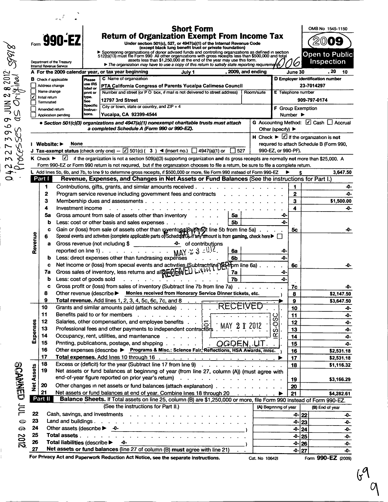 Image of first page of 2009 Form 990EZ for California State PTA - Yucaipa Calimesa Council of Ptas