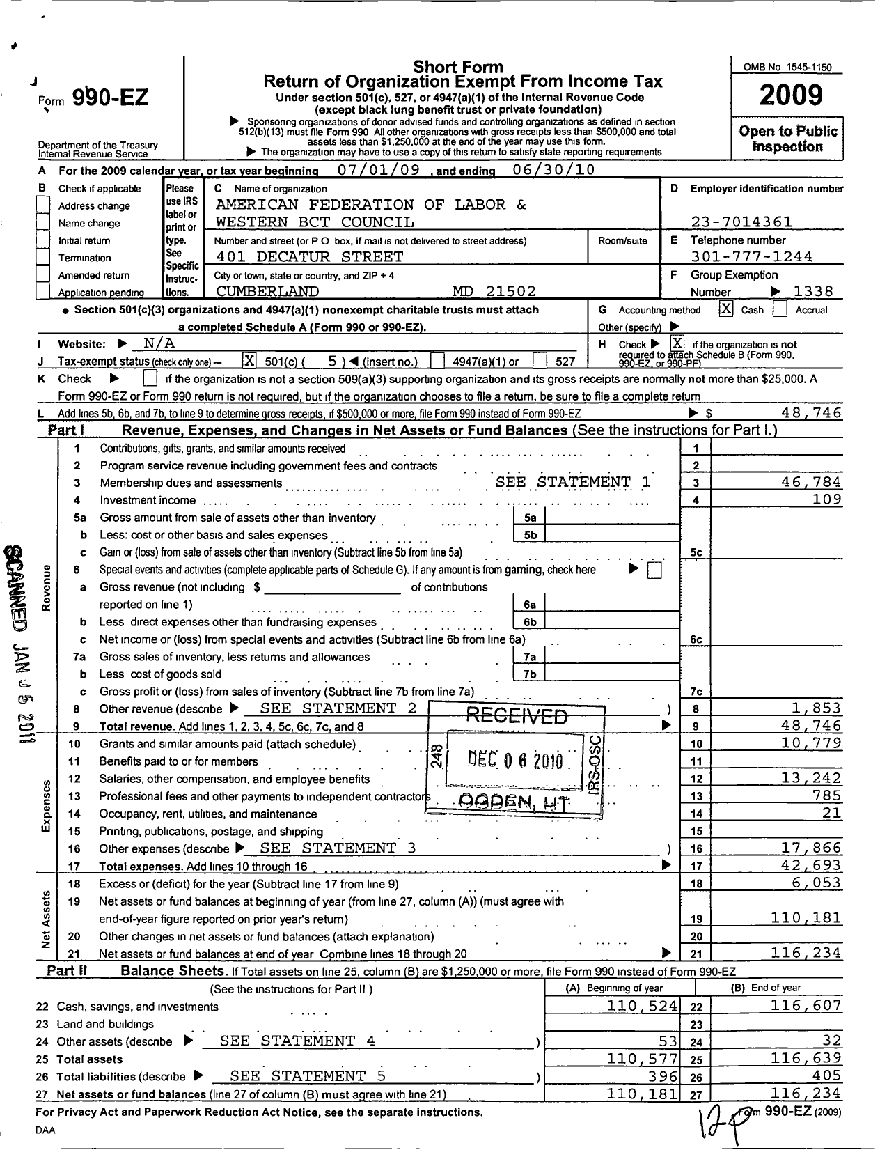 Image of first page of 2009 Form 990EO for AFL-CIO - Western Maryland BCTC Council