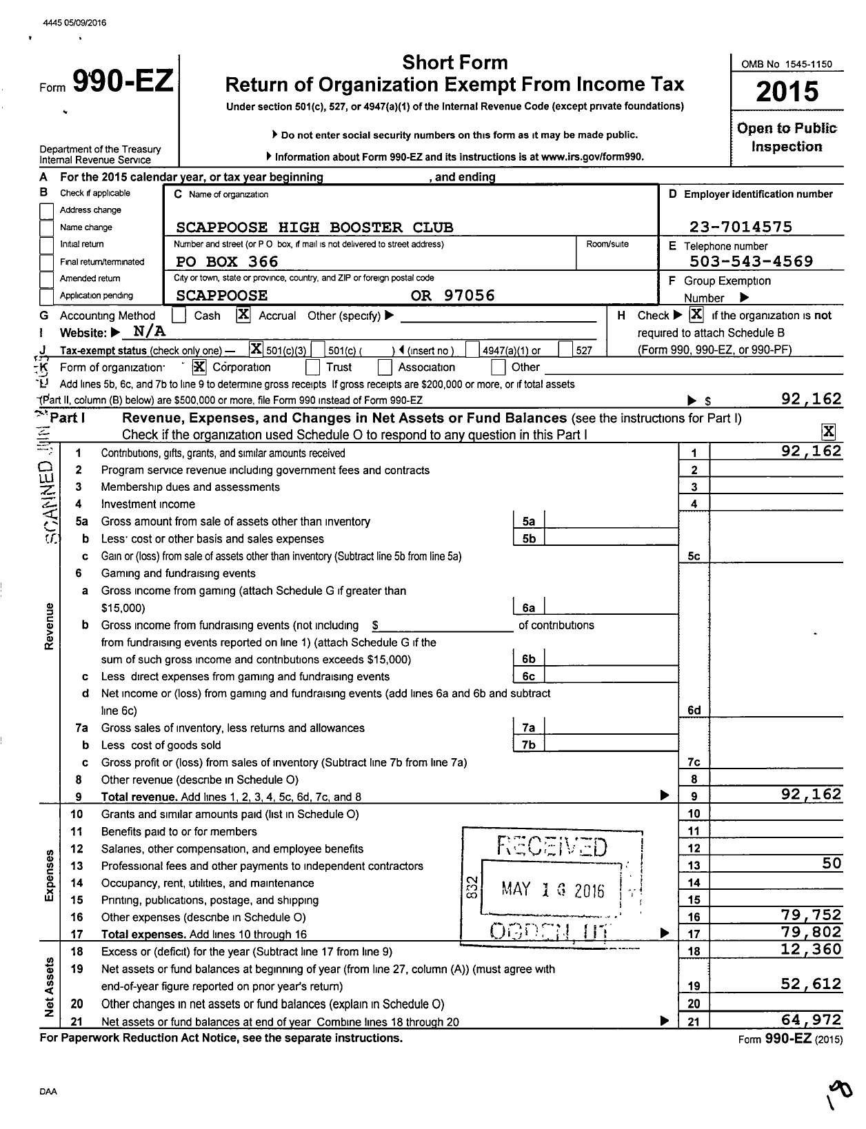 Image of first page of 2015 Form 990EZ for Scappoose Booster Club