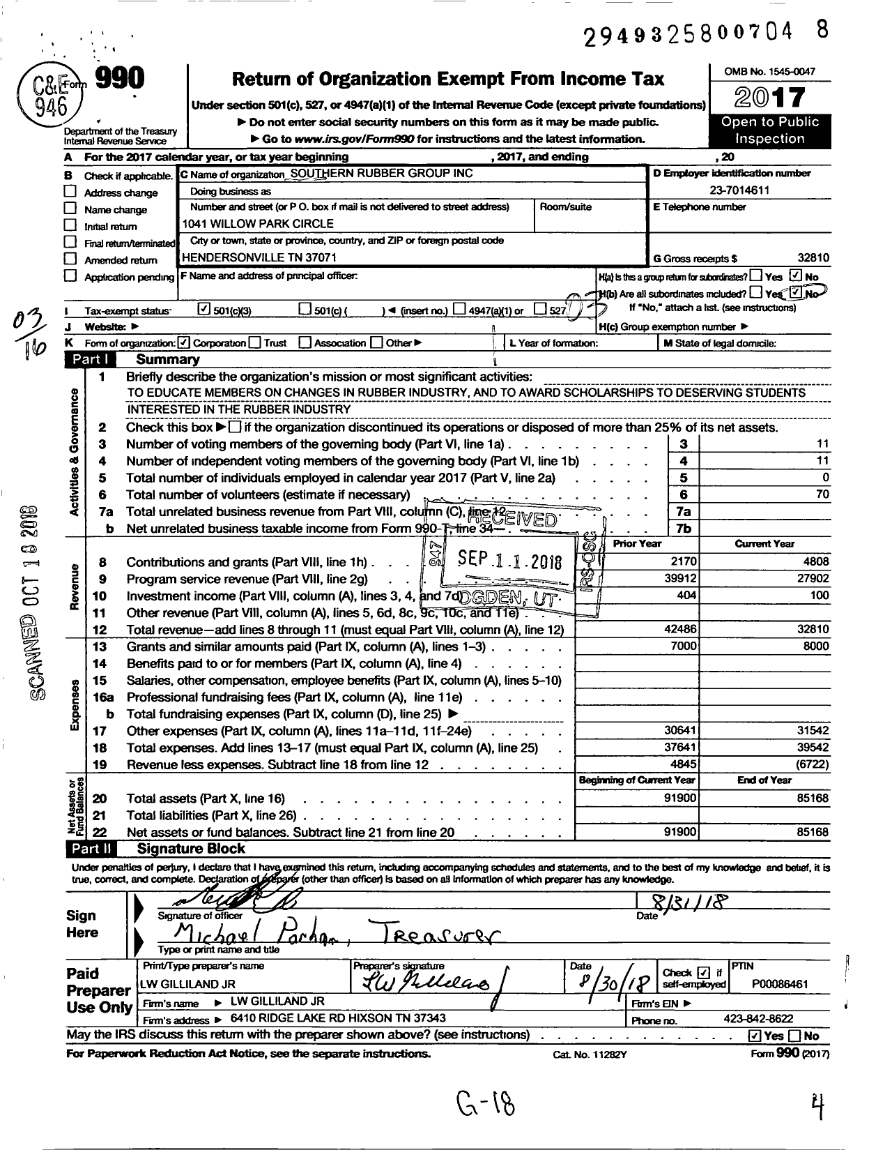 Image of first page of 2017 Form 990 for American Chemical Society - Southern Rubber Group