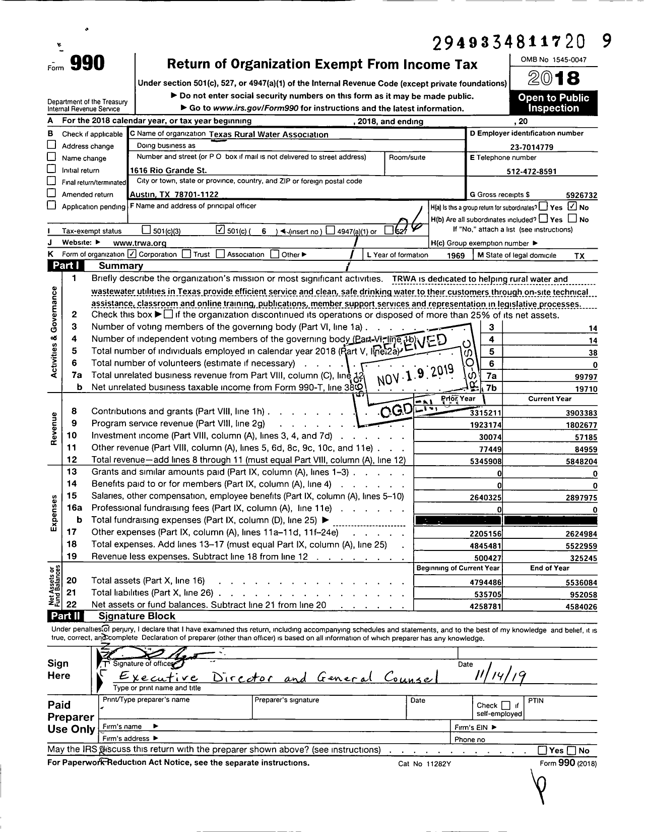 Image of first page of 2018 Form 990O for Texas Rural Water Association