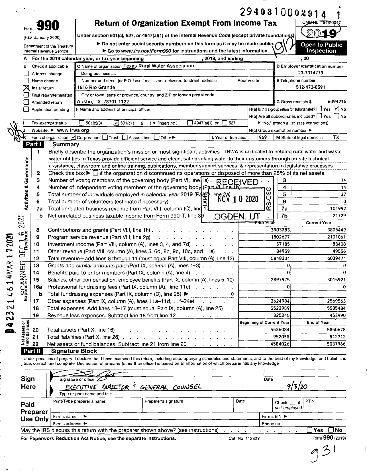Image of first page of 2019 Form 990O for Texas Rural Water Association