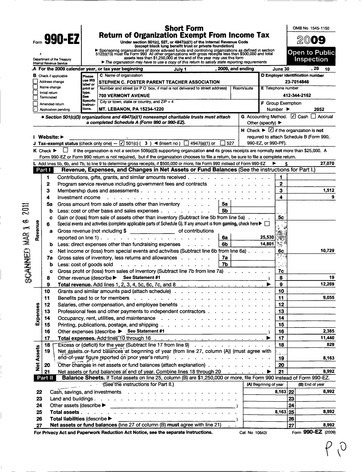 Image of first page of 2009 Form 990EZ for PTA Pennsylvania Congress / Stephen C Foster PTA Inc