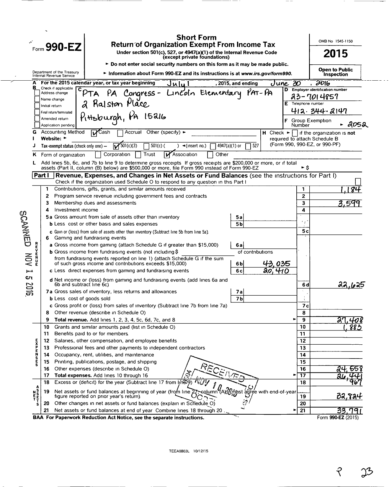 Image of first page of 2015 Form 990EZ for PTA Pennsylvania Congress / Lincoln School PTA Inc