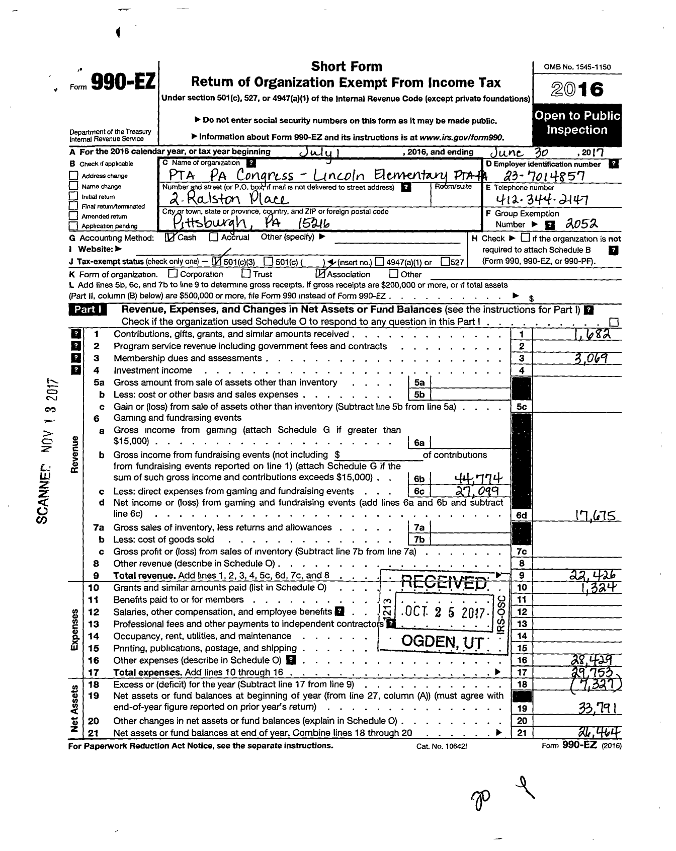 Image of first page of 2016 Form 990EZ for PTA Pennsylvania Congress / Lincoln School PTA Inc