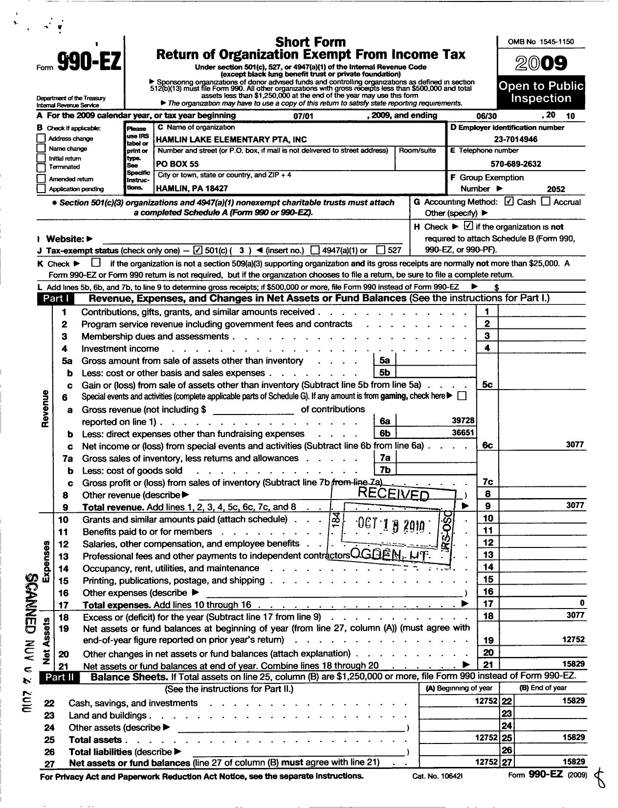 Image of first page of 2009 Form 990EZ for PTA Pennsylvania Congress / Evergreen Elementary PTA Inc