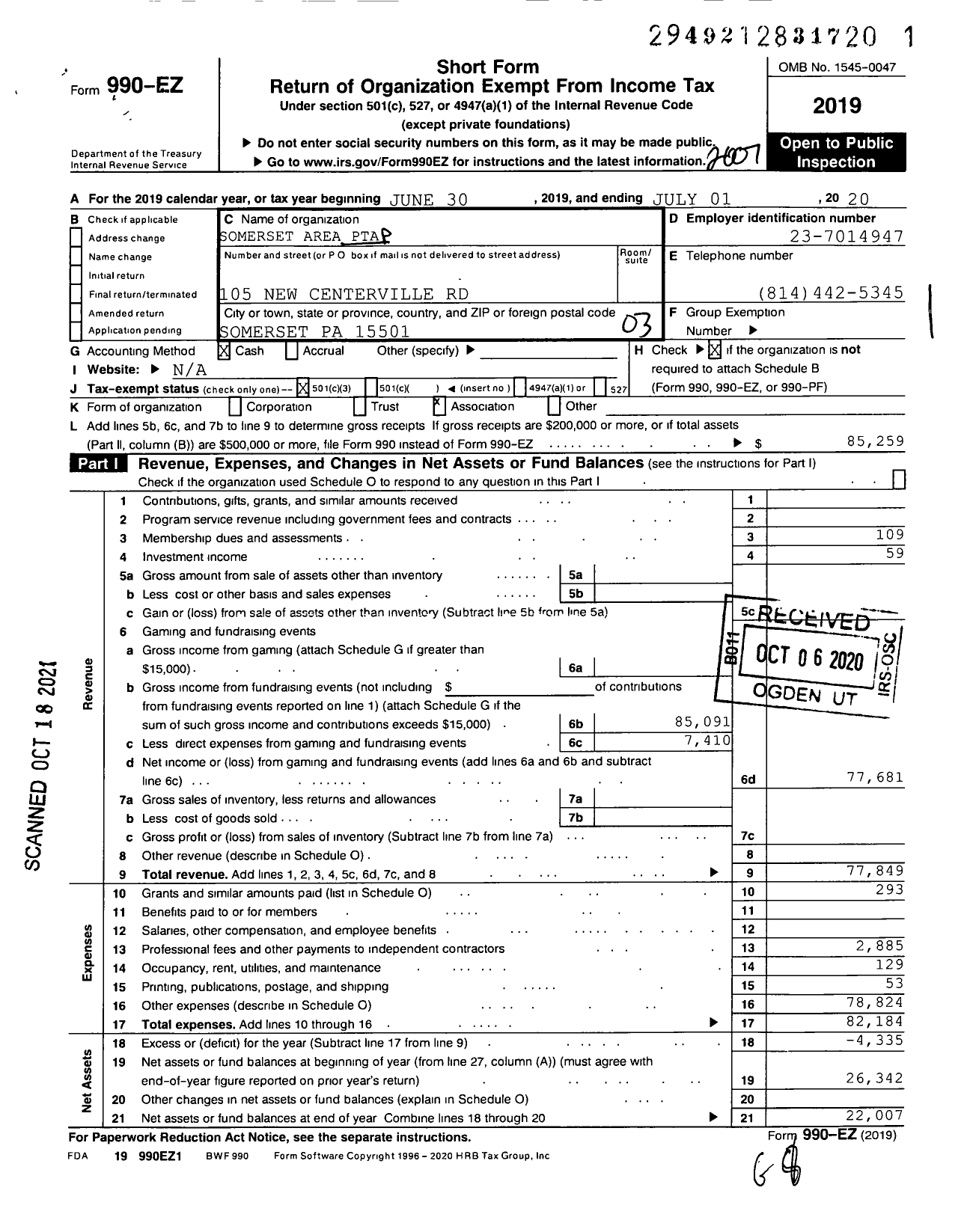 Image of first page of 2019 Form 990EZ for PTA Somerset Area