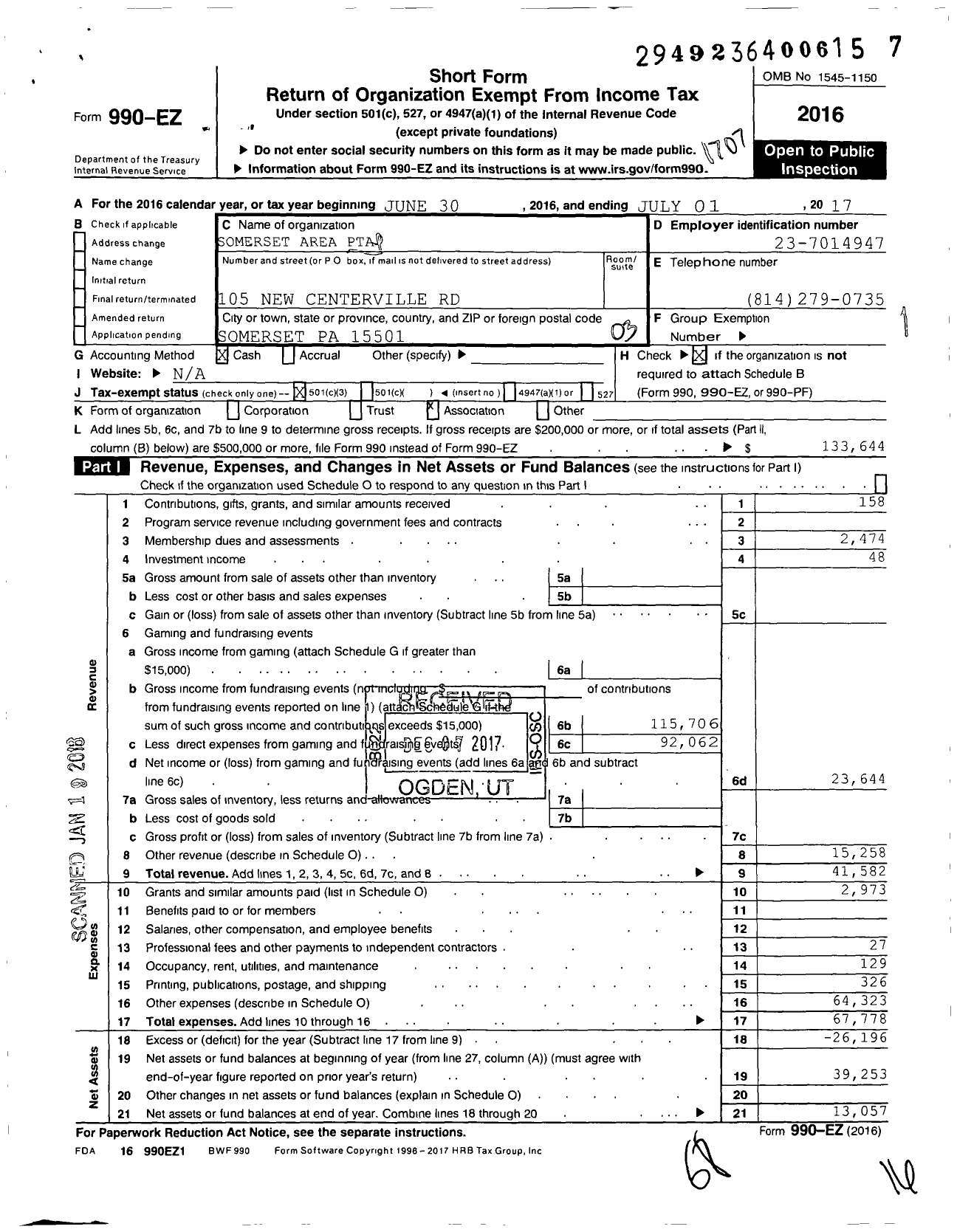 Image of first page of 2016 Form 990EZ for PTA Somerset Area