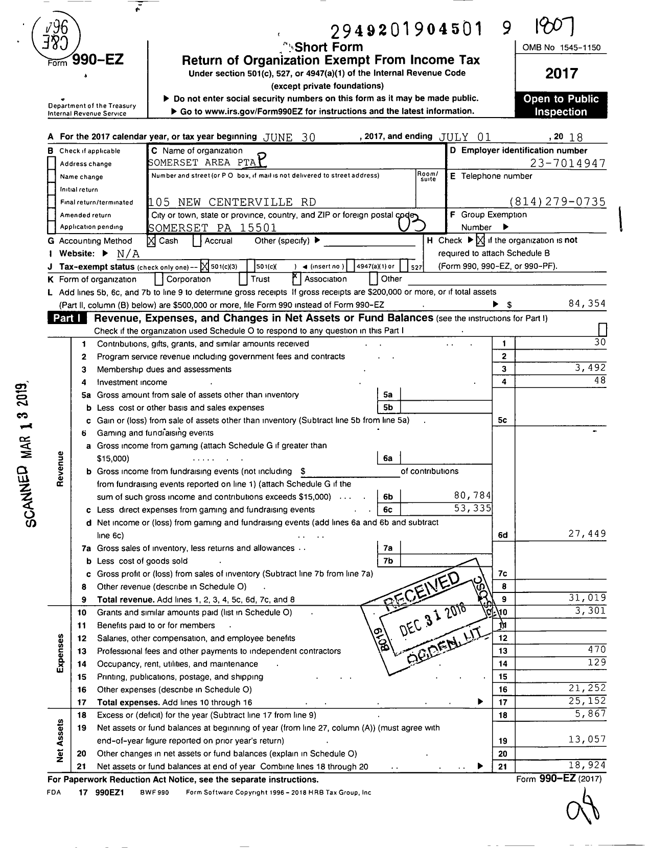 Image of first page of 2017 Form 990EZ for PTA Somerset Area