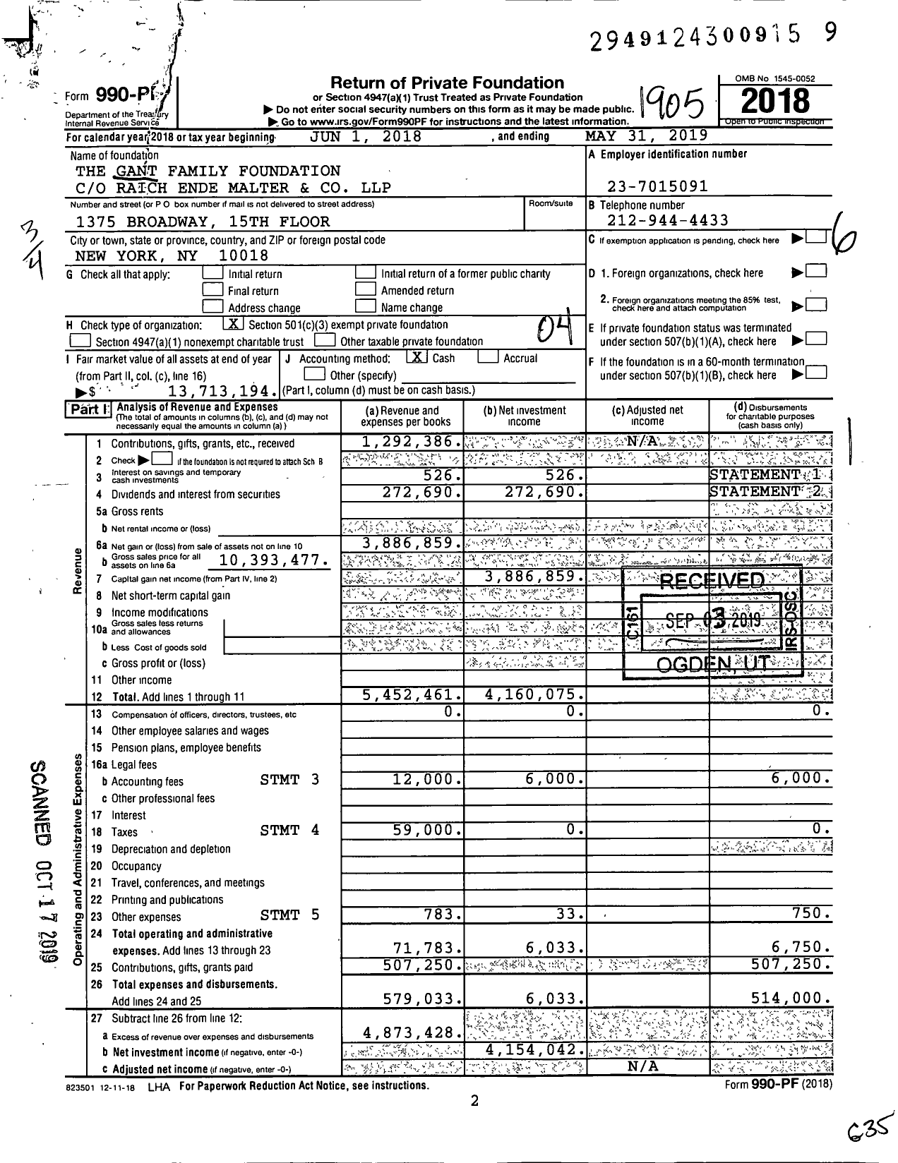 Image of first page of 2018 Form 990PF for The Gant Family Foundation