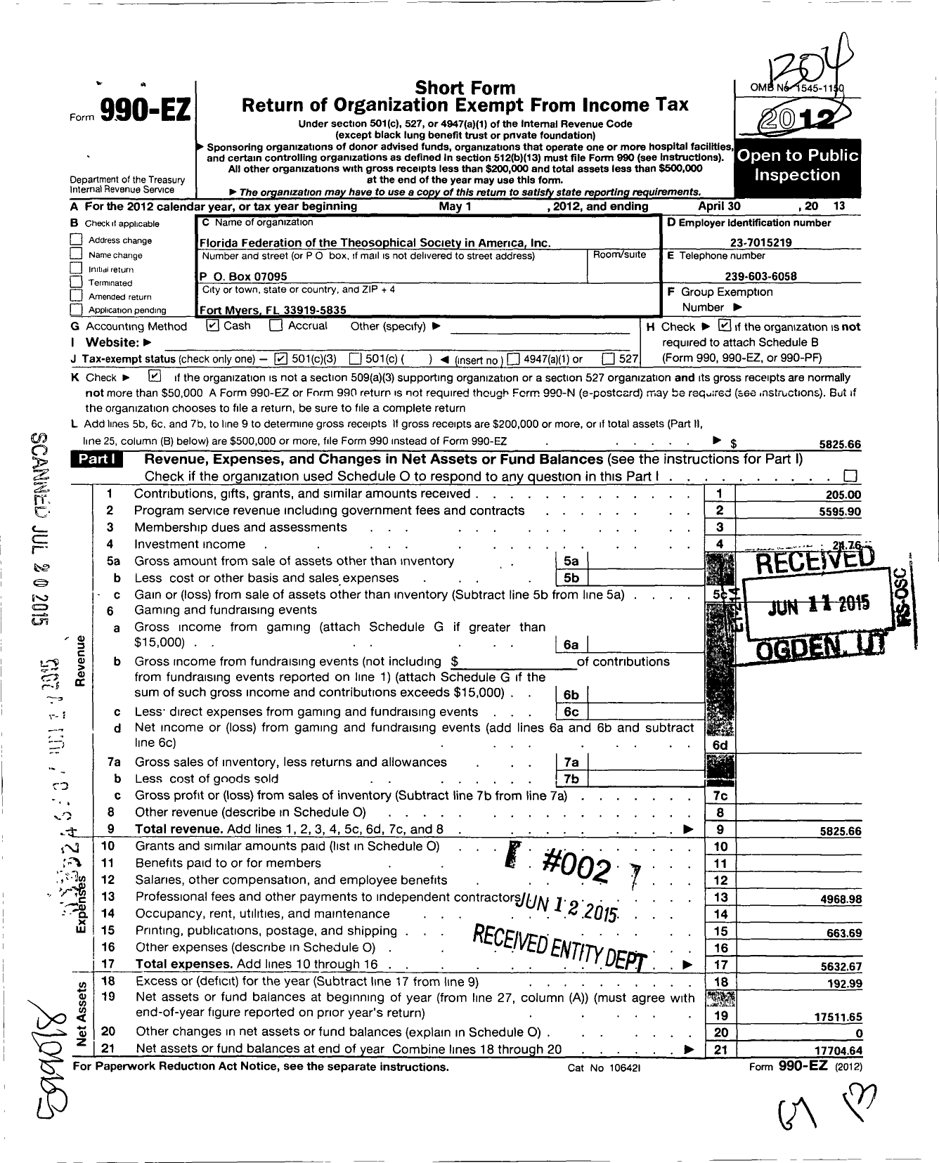 Image of first page of 2012 Form 990EZ for Florida Federation of the Theosophical Society in America in