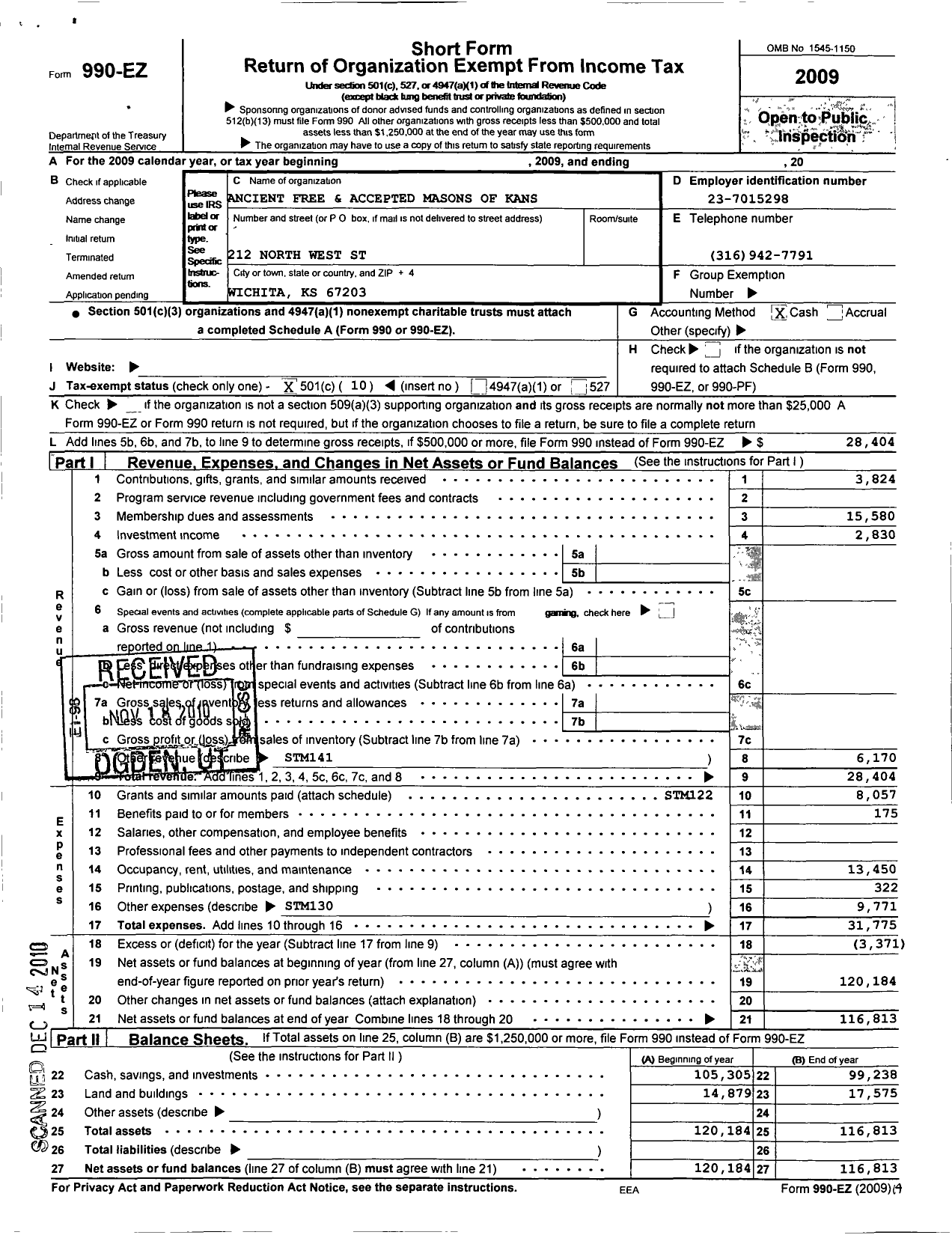 Image of first page of 2009 Form 990EO for Ancient Free and Accepted Masons of Kansas - 168 North Star