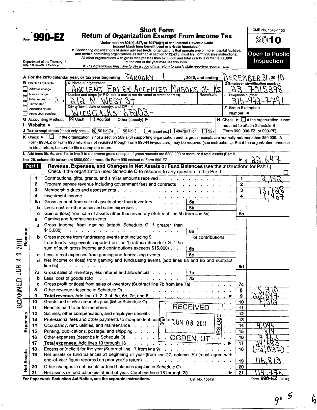 Image of first page of 2010 Form 990EZ for Ancient Free and Accepted Masons of Kansas - 168 North Star