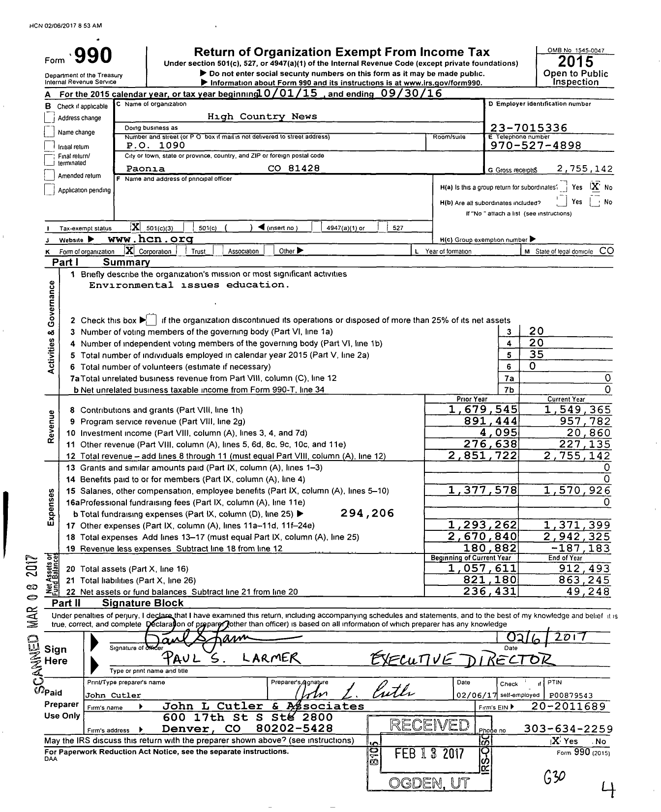 Image of first page of 2015 Form 990 for High Country News