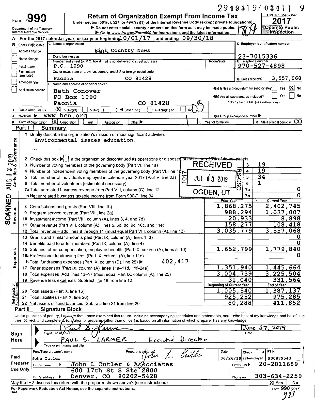Image of first page of 2017 Form 990 for High Country News
