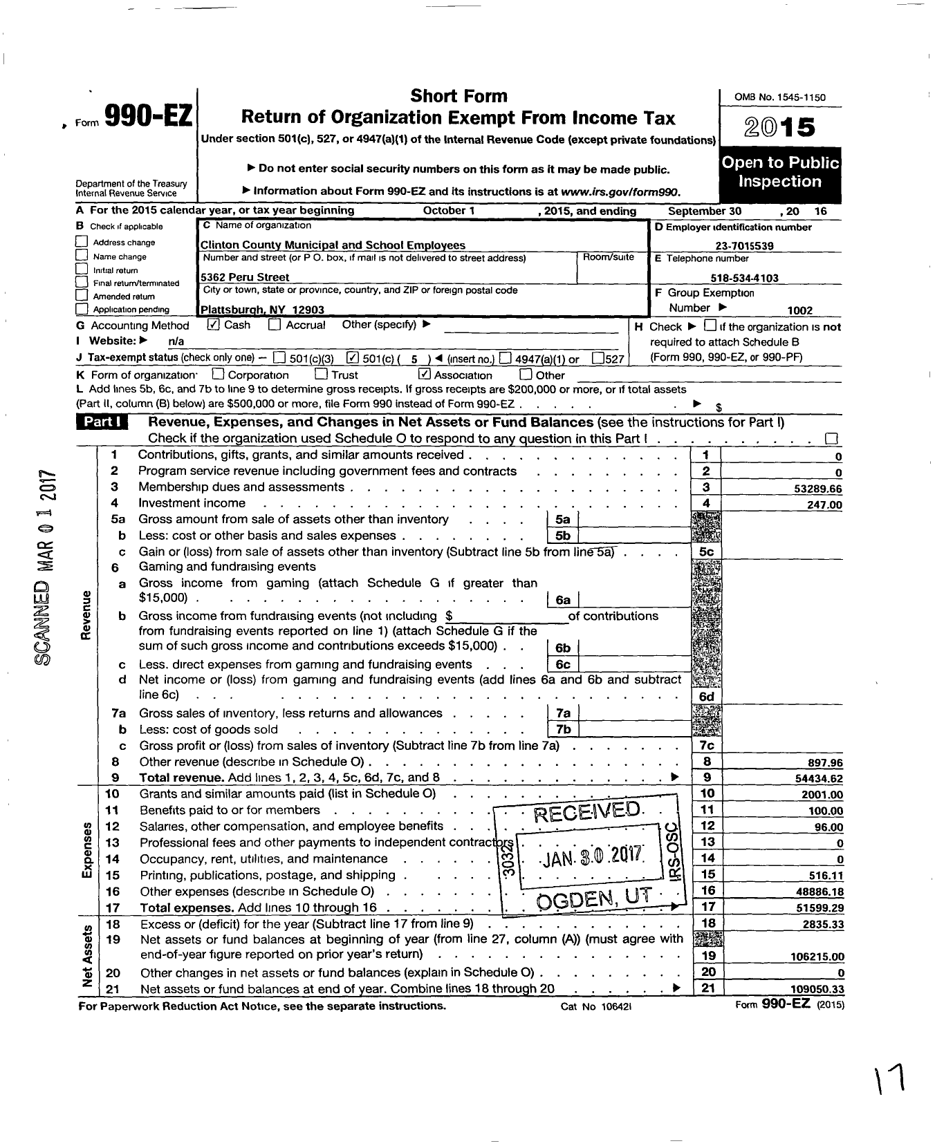 Image of first page of 2015 Form 990EO for Civil Service Employees Association - 0810 CLNTN Co Municipl & SCHL Emp