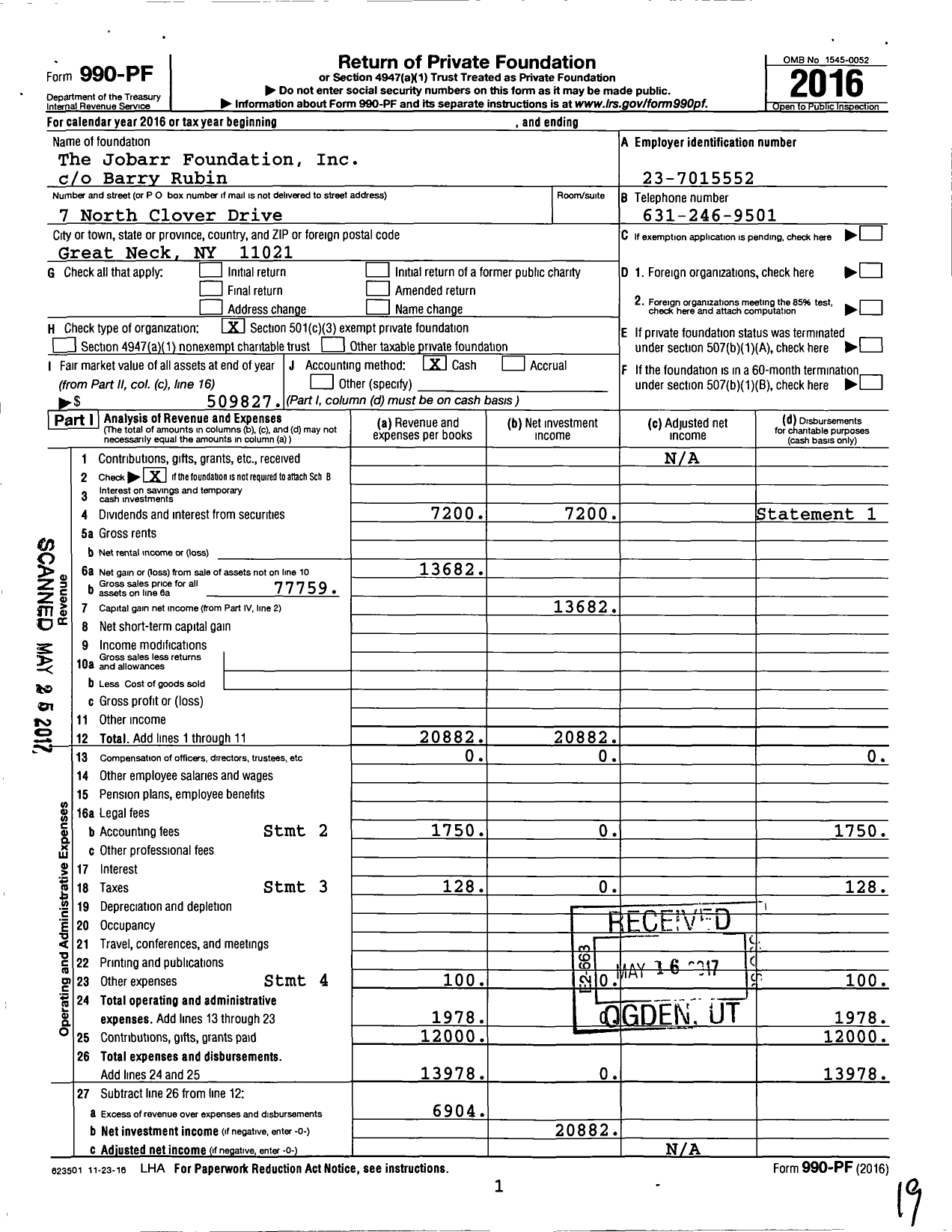 Image of first page of 2016 Form 990PF for The Jobarr Foundation