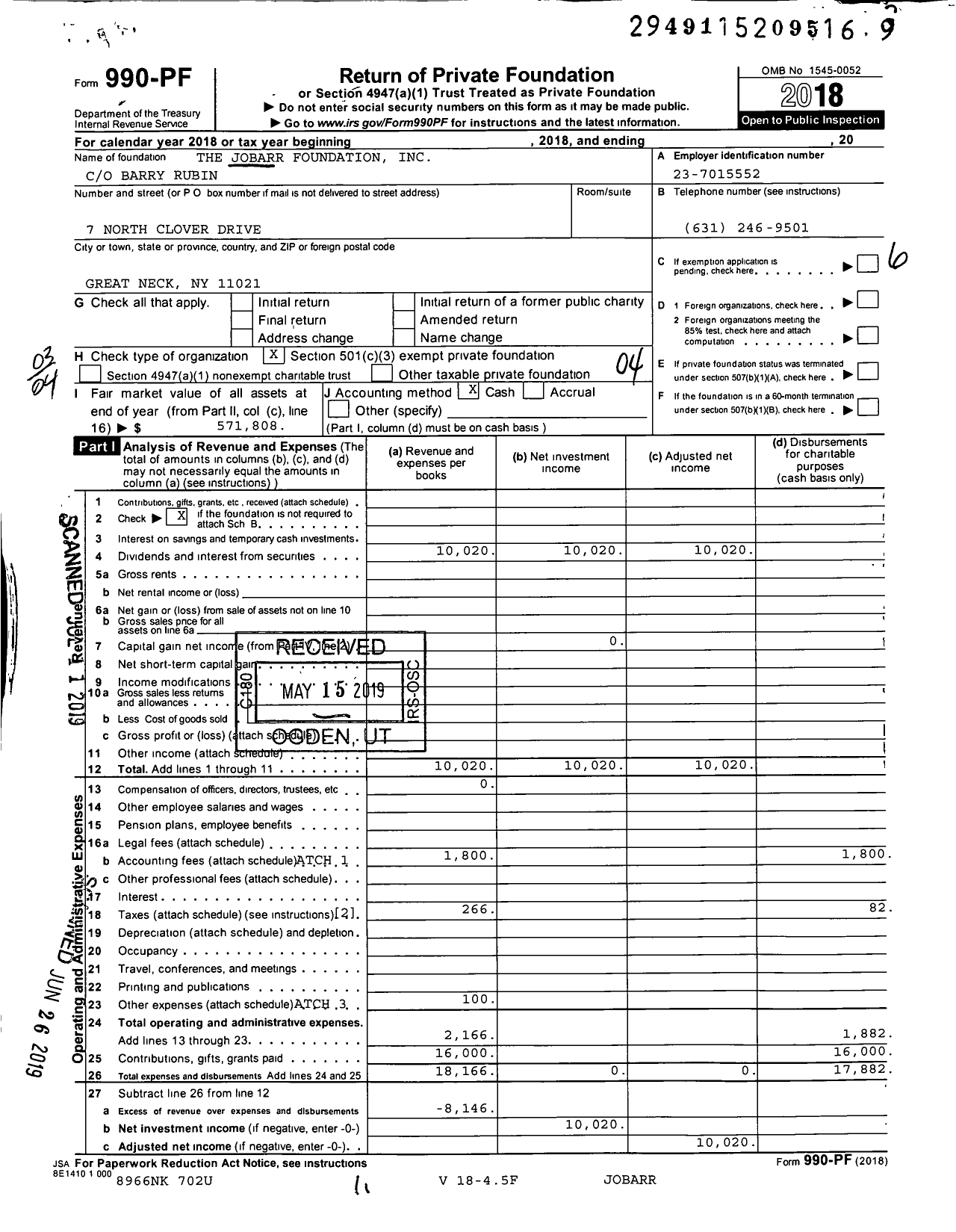 Image of first page of 2018 Form 990PF for The Jobarr Foundation