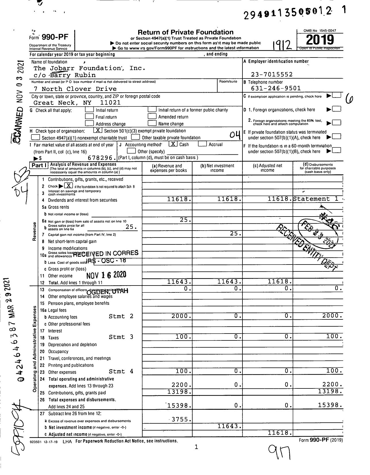Image of first page of 2019 Form 990PF for The Jobarr Foundation