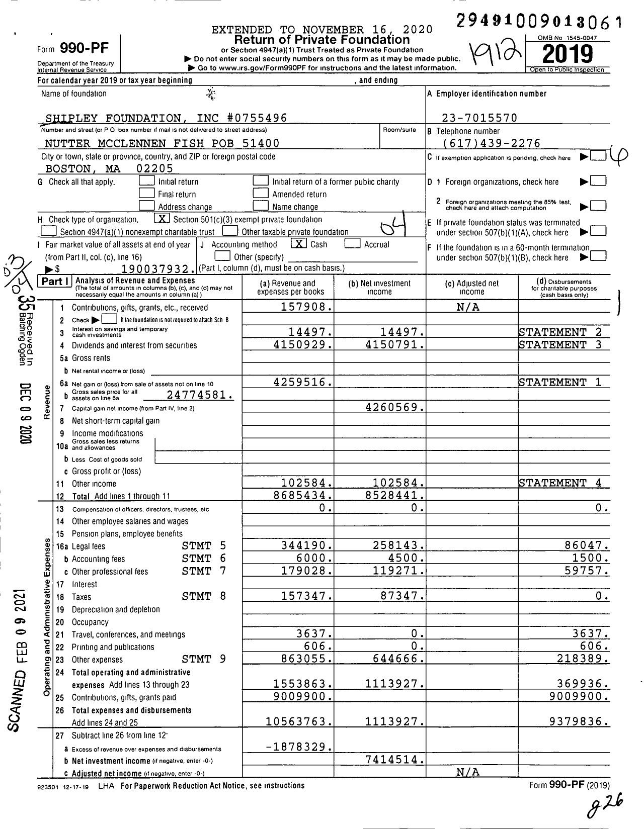 Image of first page of 2019 Form 990PF for Shipley Foundation