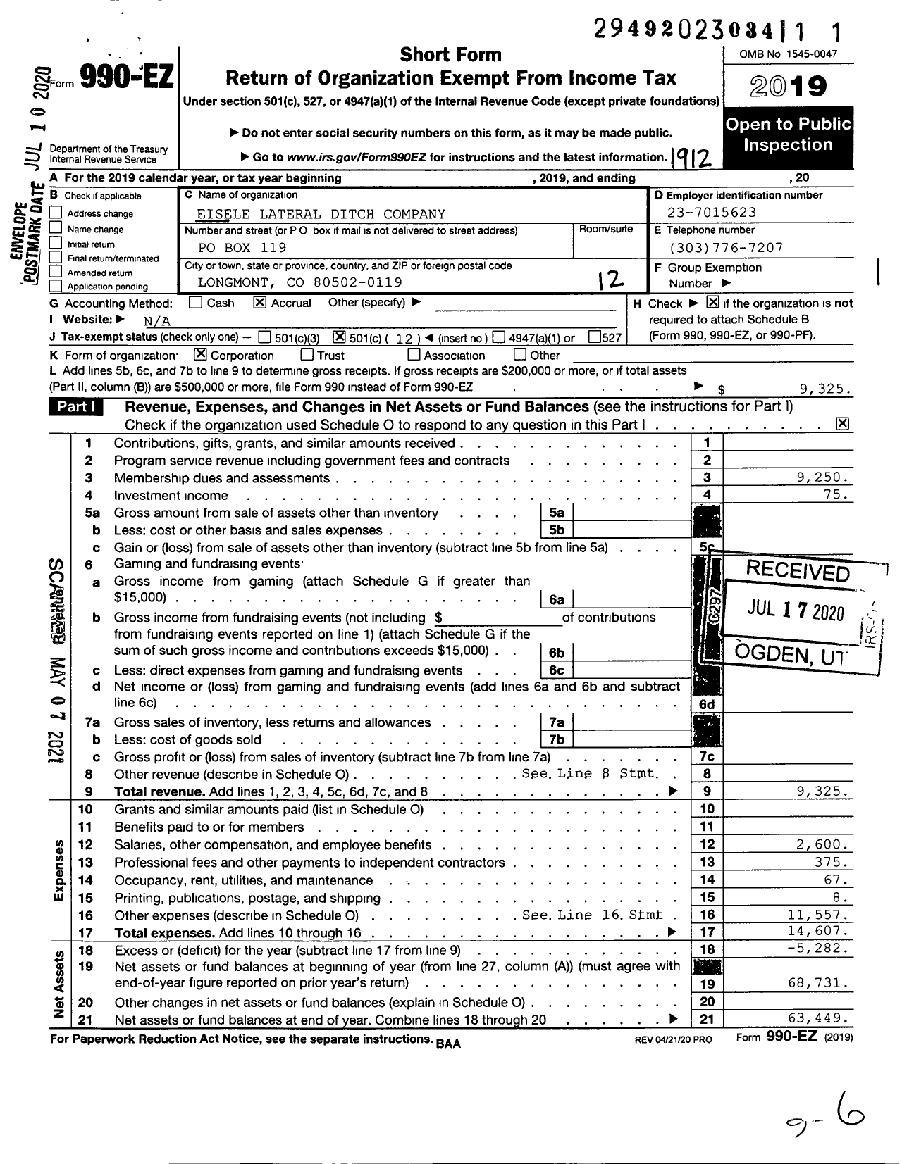 Image of first page of 2019 Form 990EO for Eisele Lateral Ditch Company