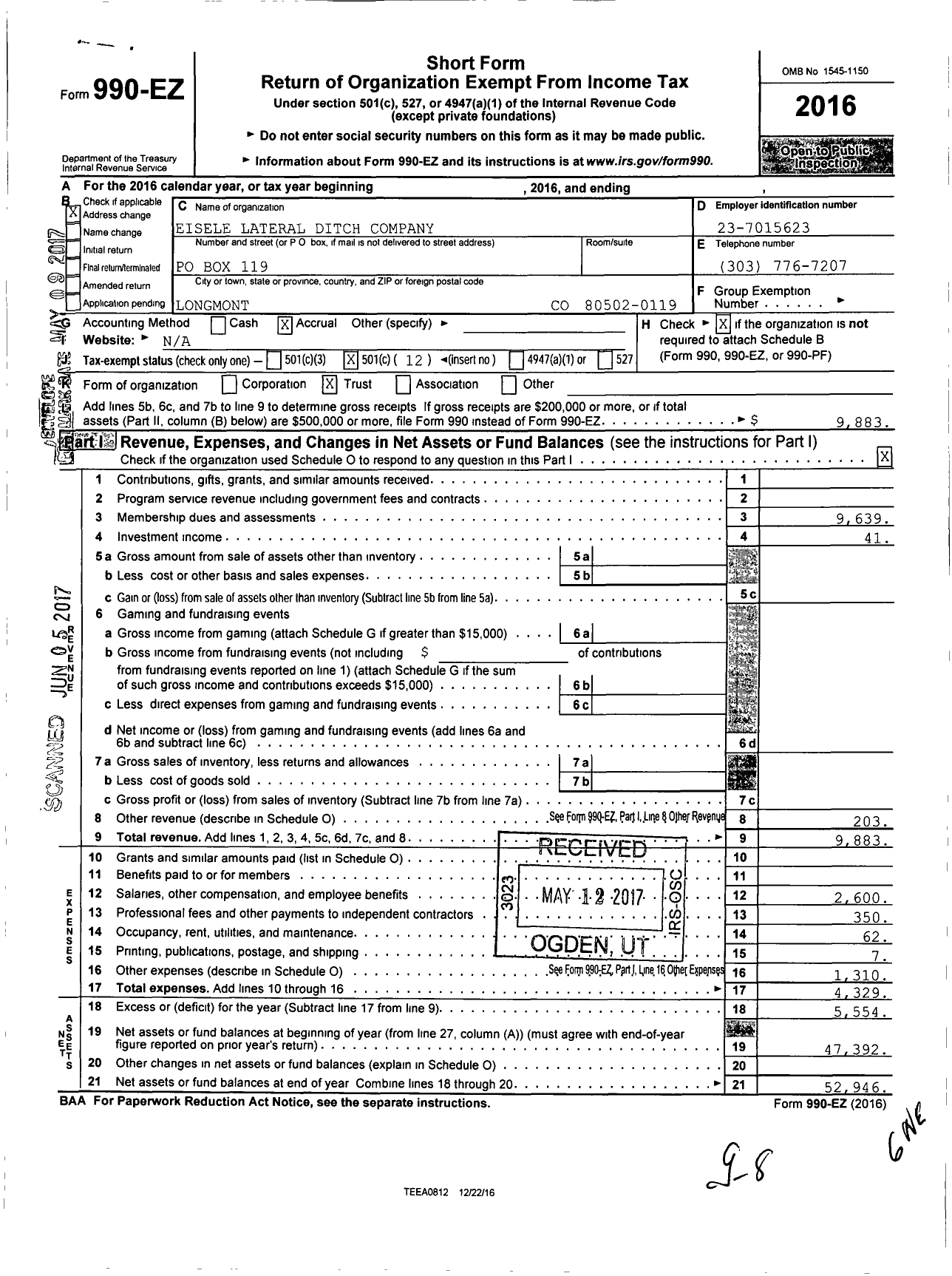 Image of first page of 2016 Form 990EO for Eisele Lateral Ditch Company