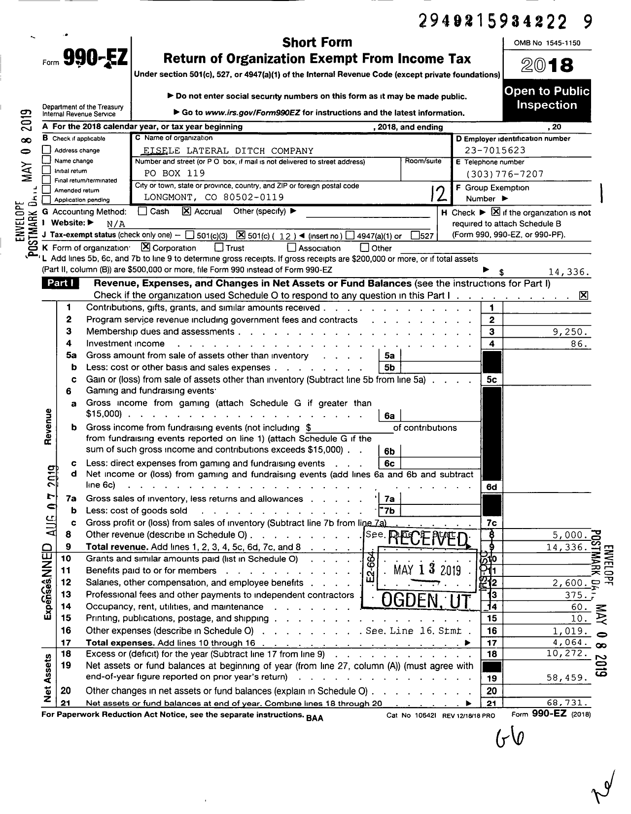 Image of first page of 2018 Form 990EO for Eisele Lateral Ditch Company