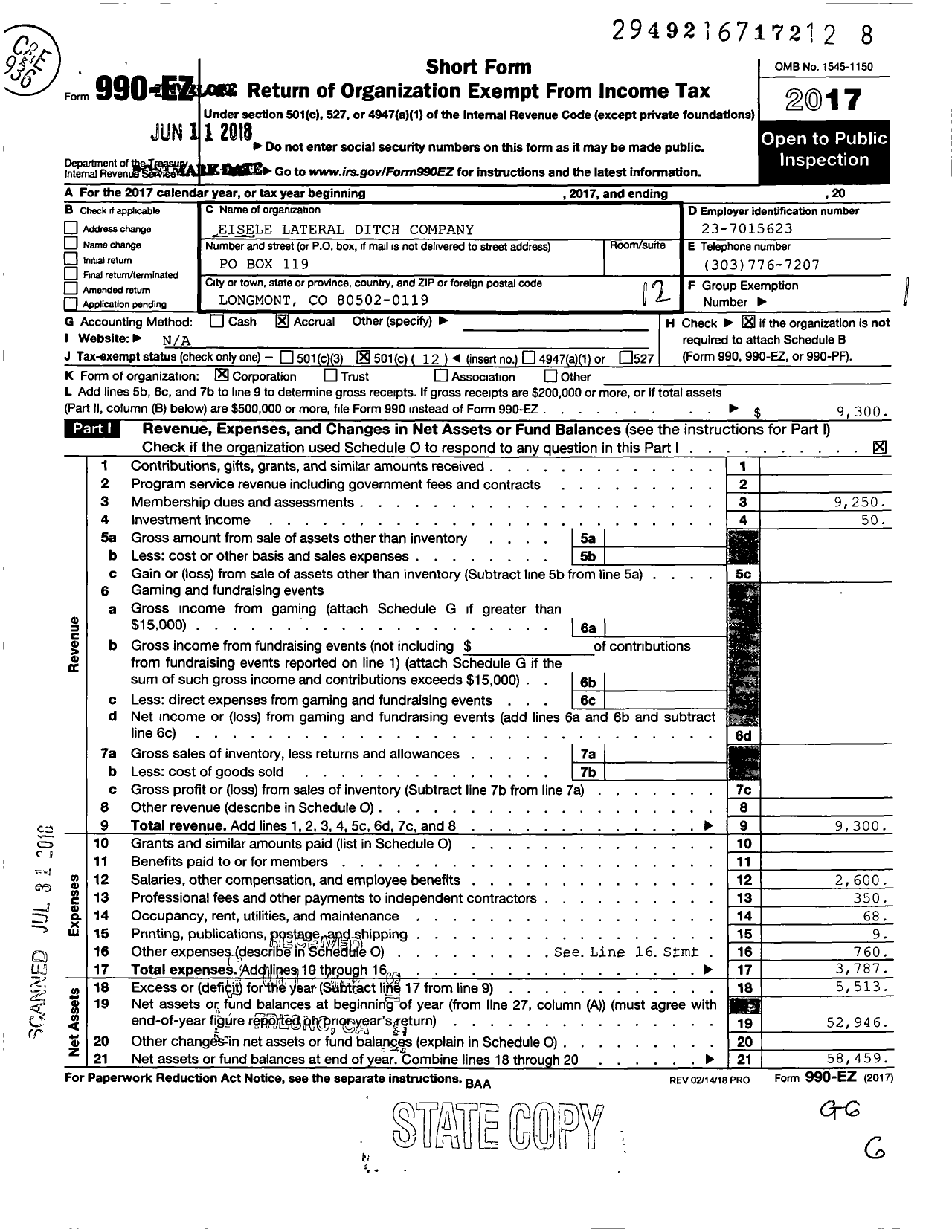 Image of first page of 2017 Form 990EO for Eisele Lateral Ditch Company