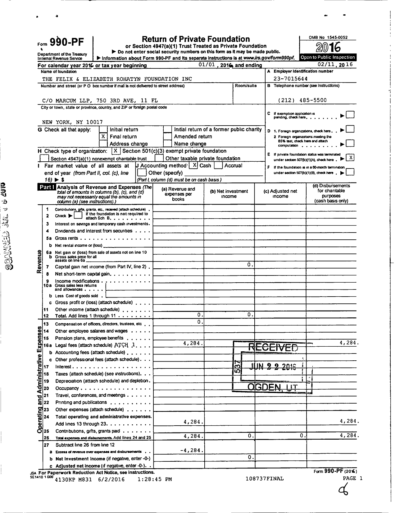 Image of first page of 2015 Form 990PF for The Felix and Elizabeth Rohatyn Foundation