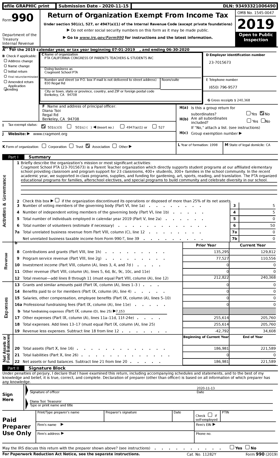 Image of first page of 2019 Form 990 for CALIFORNIA State PTA - PTA CA Congress Cragmont Schoo