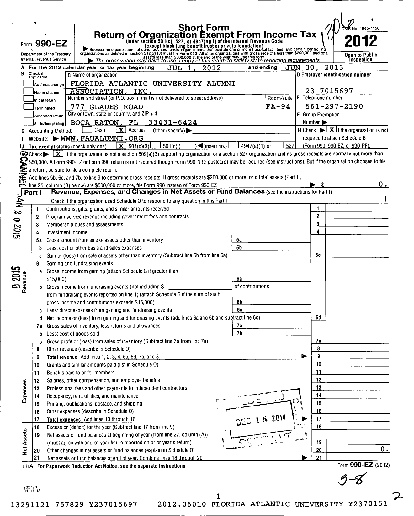 Image of first page of 2012 Form 990EZ for Florida Atlantic University Alumni Association