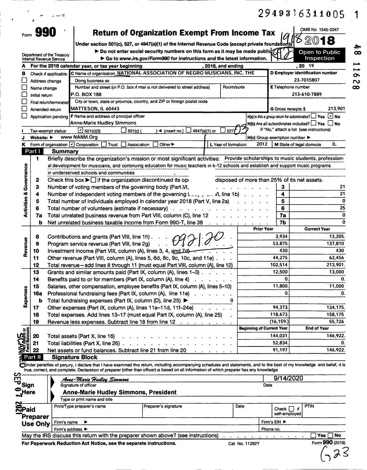 Image of first page of 2018 Form 990 for National Association of Negro Musicians the