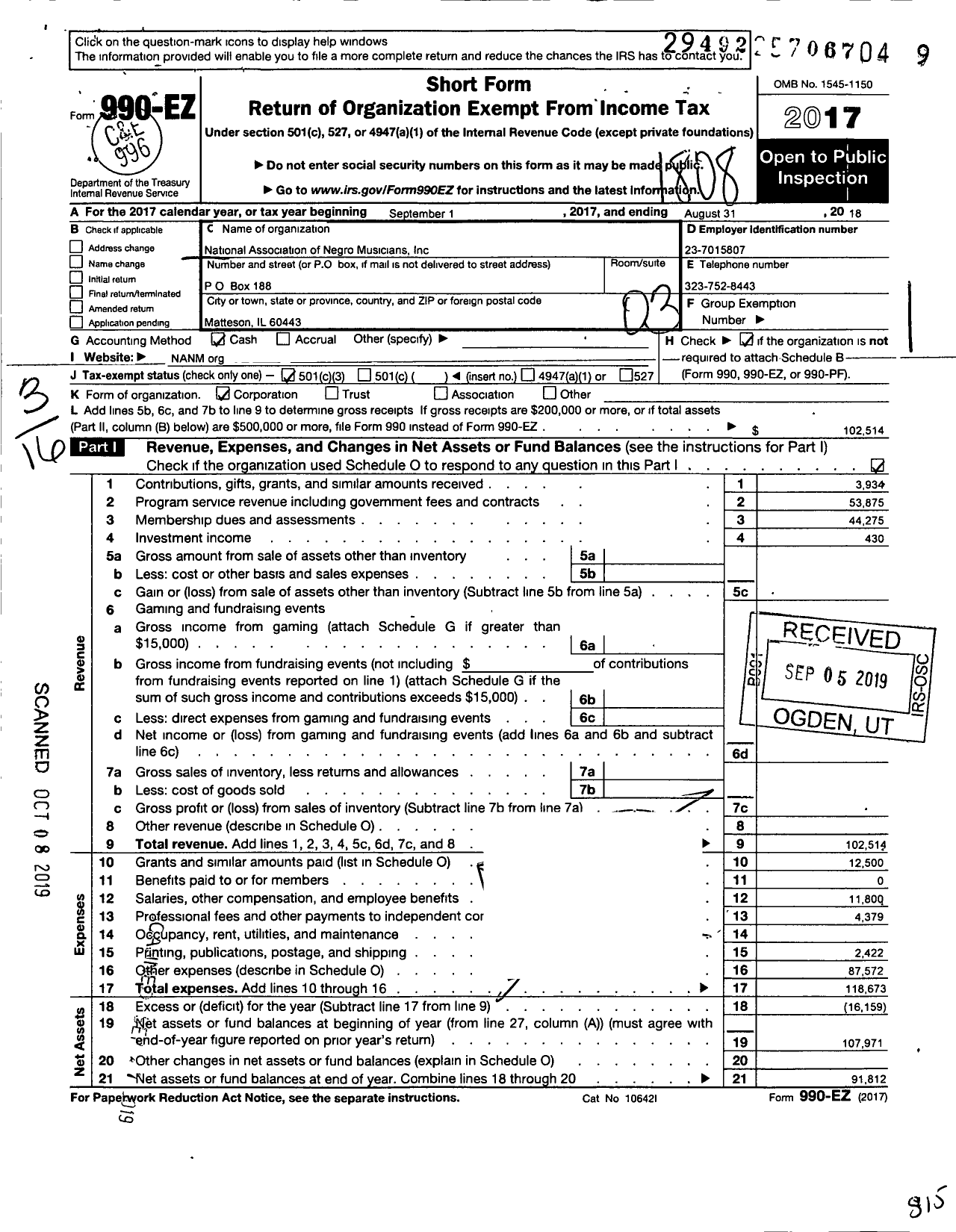 Image of first page of 2017 Form 990EZ for National Association of Negro Musicians the