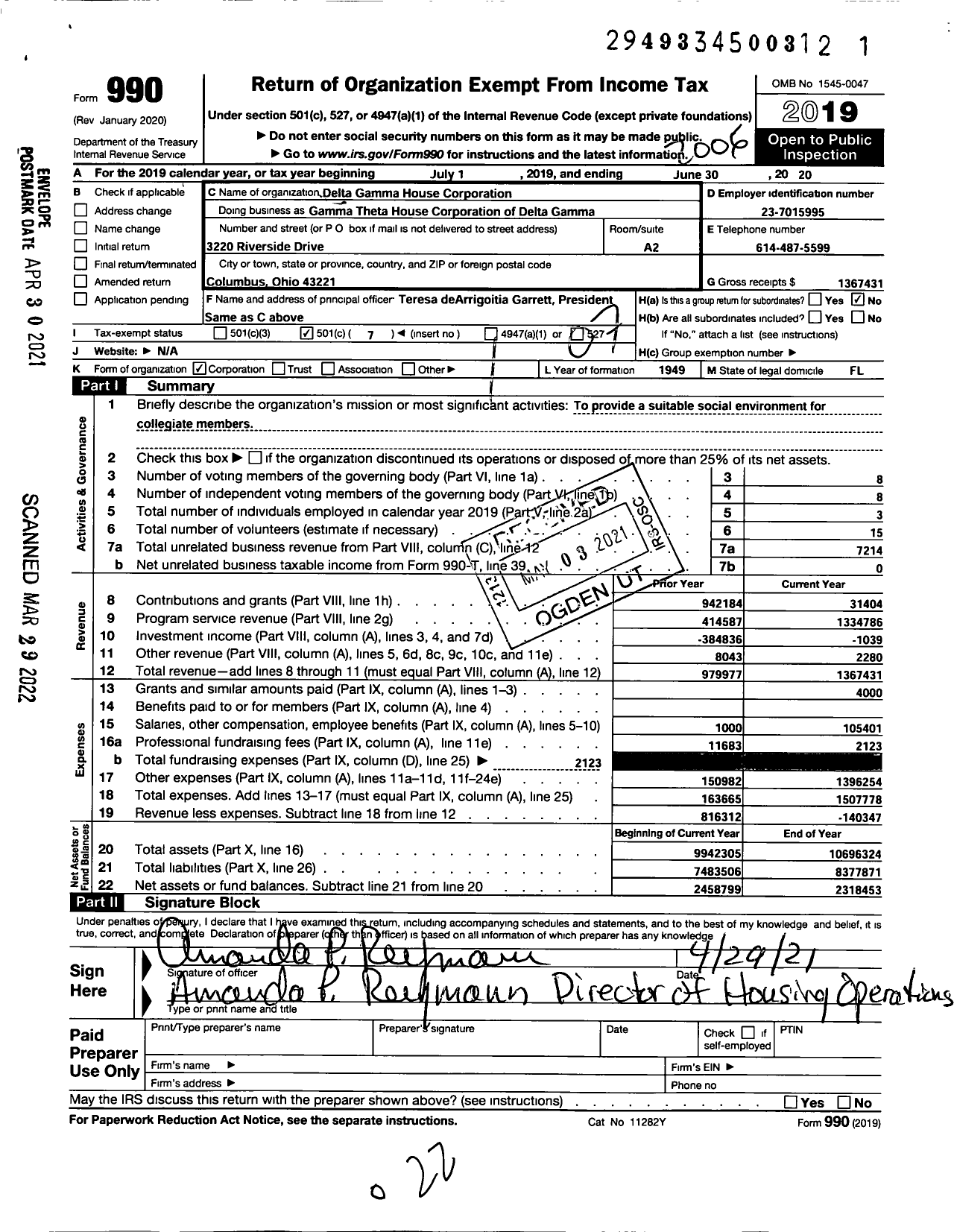 Image of first page of 2019 Form 990O for Gamma Theta House Corporation / Delta Gamma House Corporation