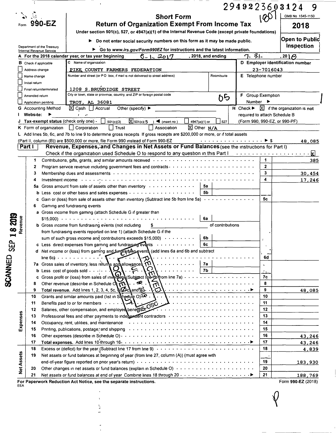 Image of first page of 2017 Form 990EO for Pike County Farmers Federation