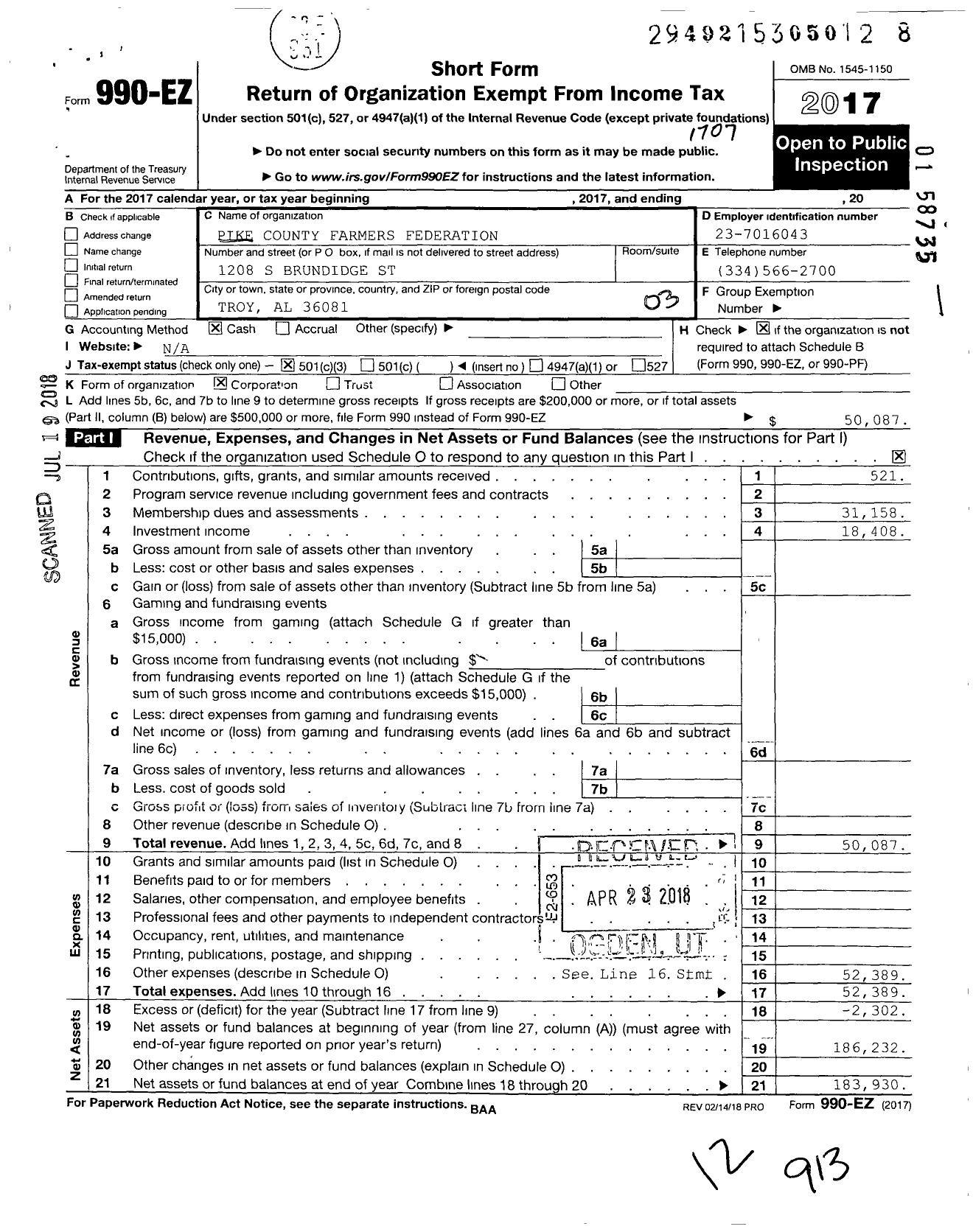 Image of first page of 2016 Form 990EZ for Pike County Farmers Federation