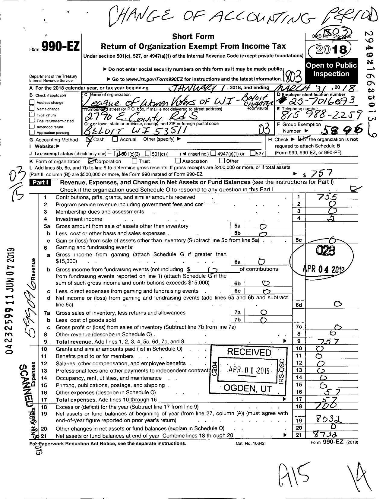 Image of first page of 2017 Form 990EZ for League of Women Voters of Wisconsin / Beloit