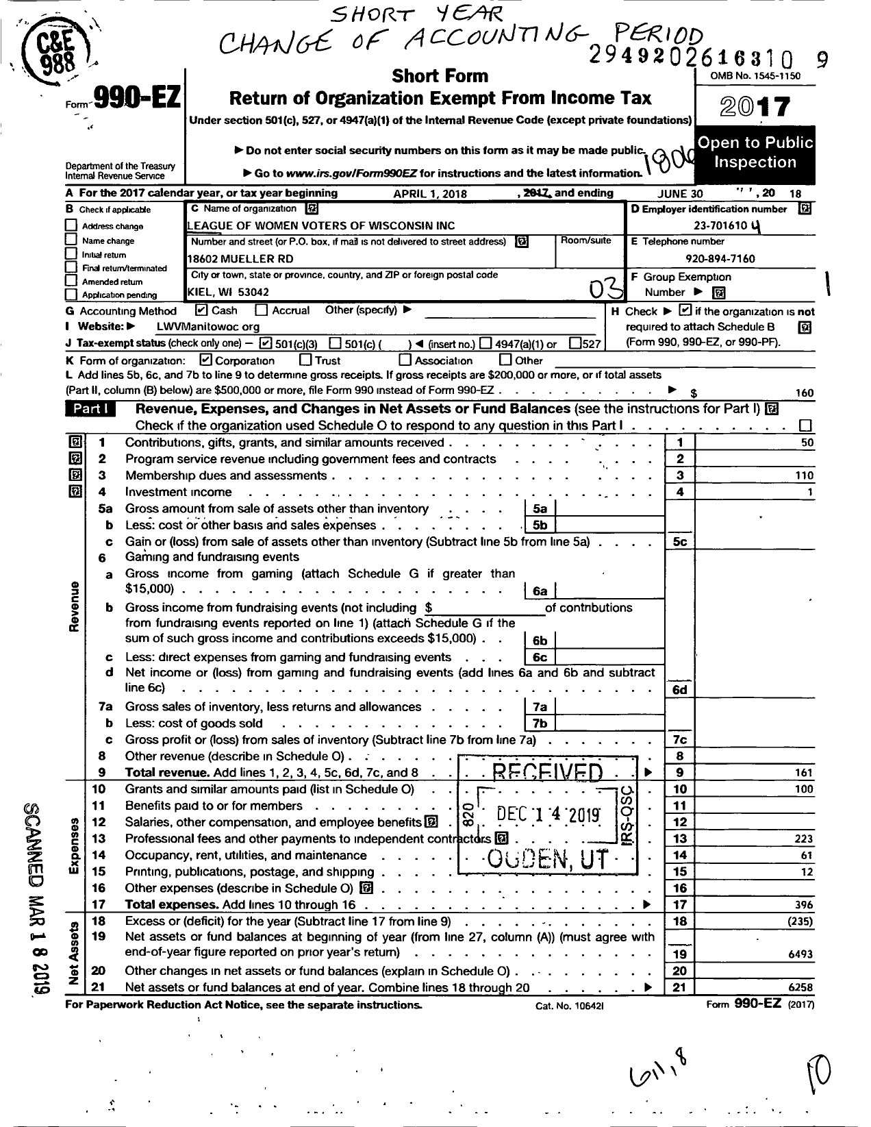 Image of first page of 2017 Form 990EZ for League of Women Voters of Wisconsin / LWV Manitowoc County