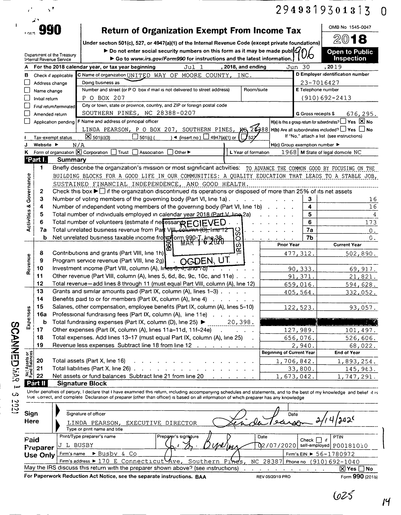 Image of first page of 2018 Form 990 for United Way of Moore County