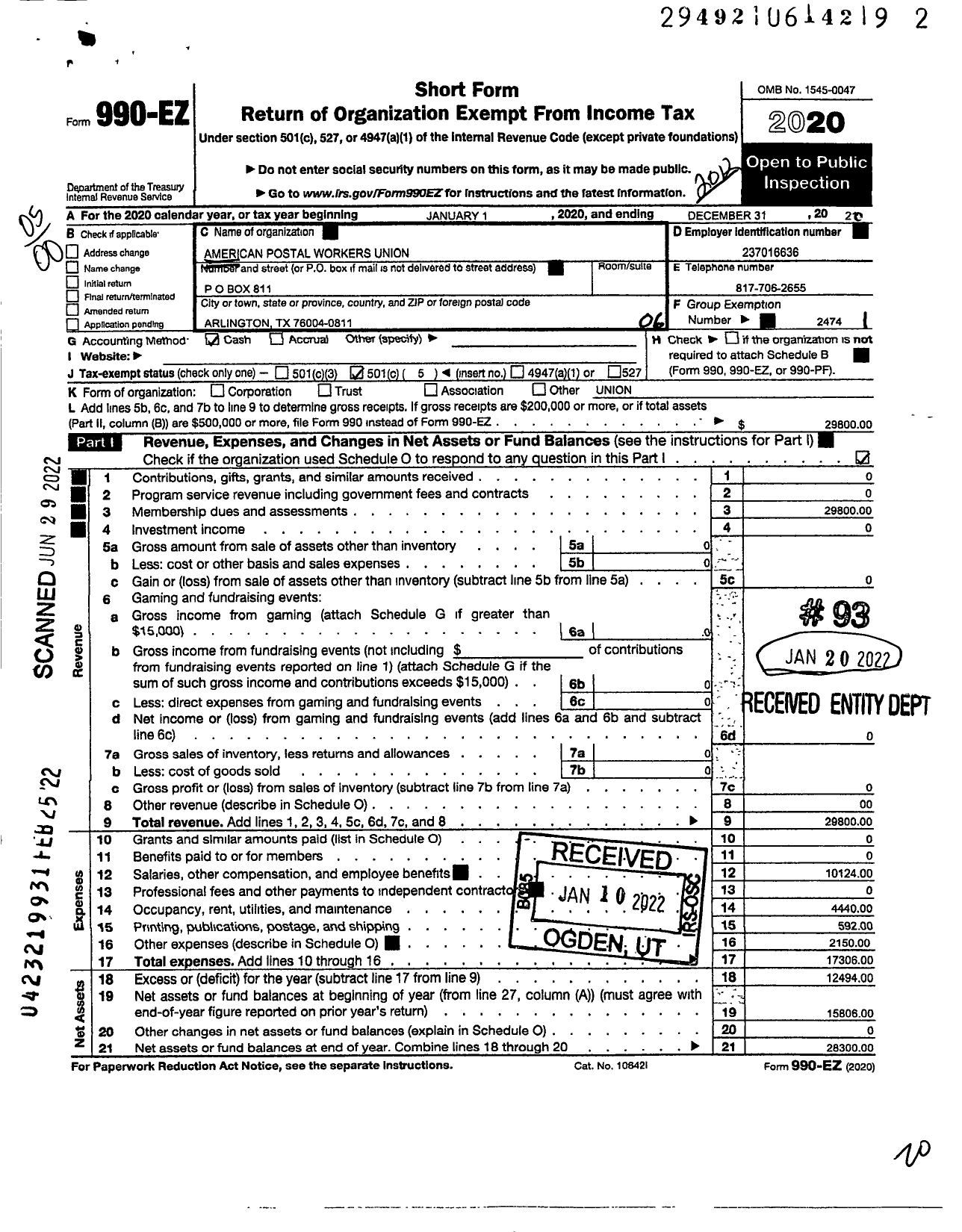 Image of first page of 2020 Form 990EO for American Postal Workers Union - 0811 Arlington Local