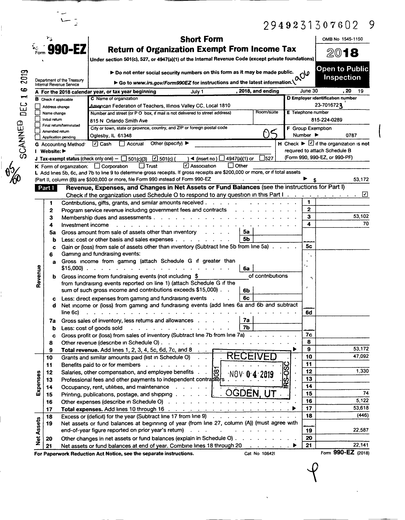 Image of first page of 2018 Form 990EO for AMERICAN FEDERATION OF TEACHERS - 1810 Illinois Valley CC