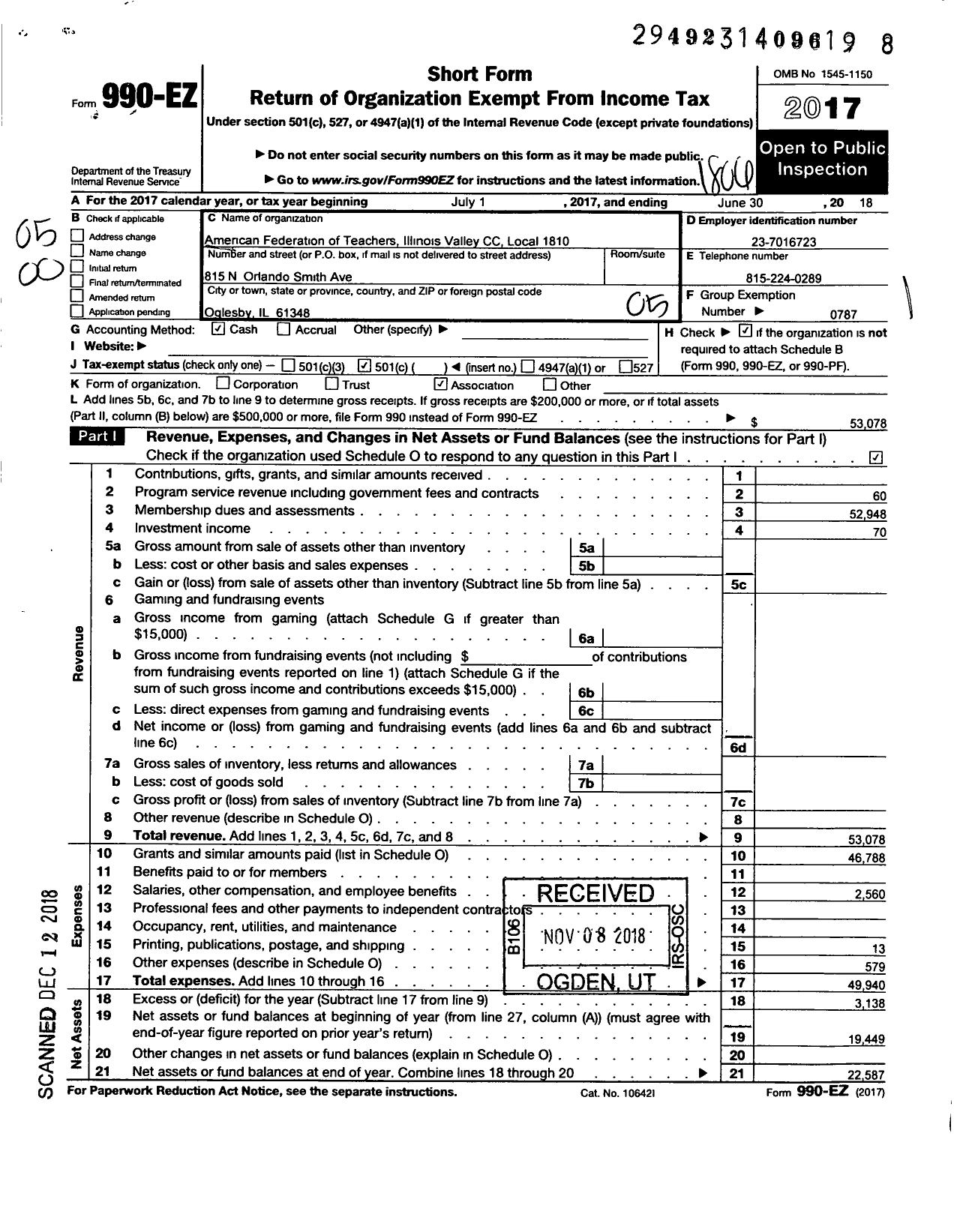 Image of first page of 2017 Form 990EO for AMERICAN FEDERATION OF TEACHERS - 1810 Illinois Valley CC