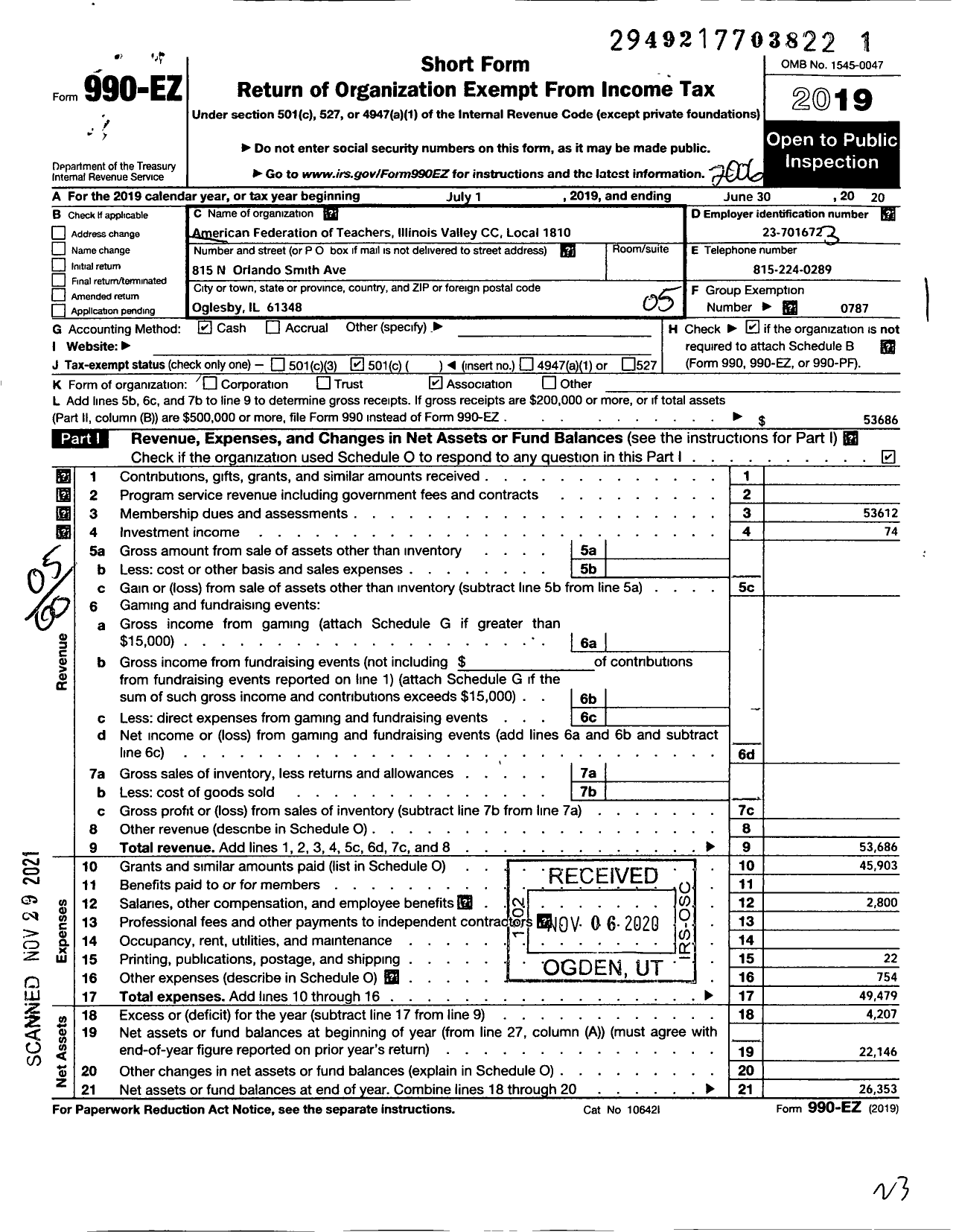 Image of first page of 2019 Form 990EO for AMERICAN FEDERATION OF TEACHERS - 1810 Illinois Valley CC